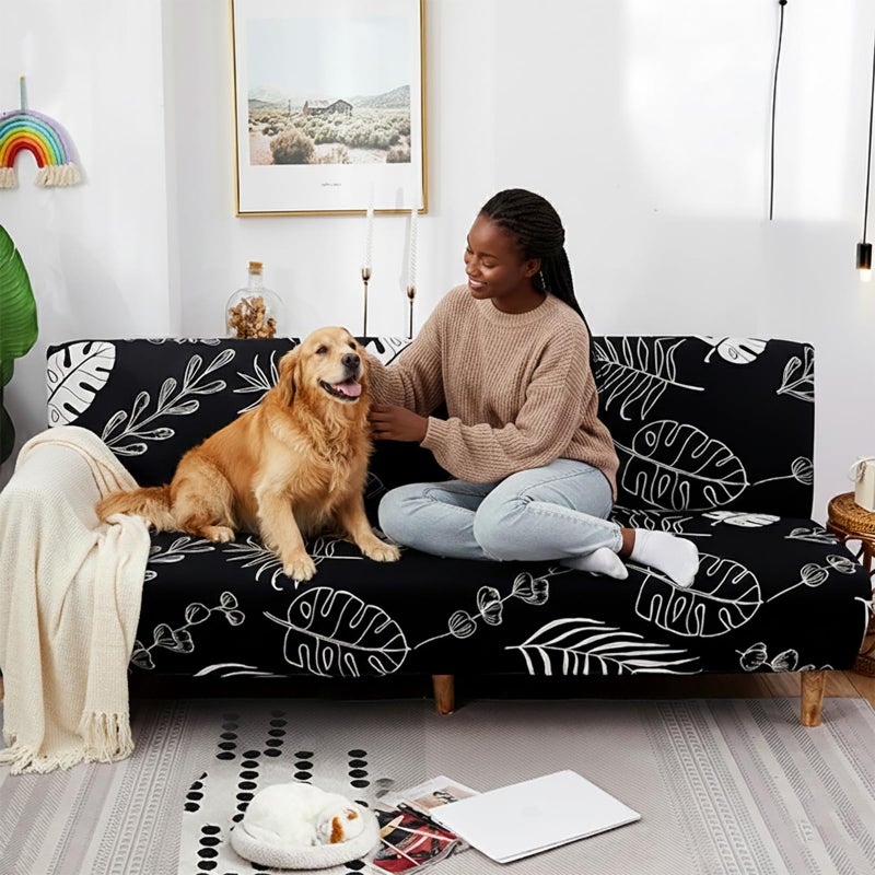 WOMACO Printed Futon Cover Stretch Sofa Bed Slipcovers Full Twin Queen Size Armless Couch Loveseat Protector Covers with Elastic Bottom for Living Room Bedroom Furniture (Black Leaves, 63"-75") - Image 2